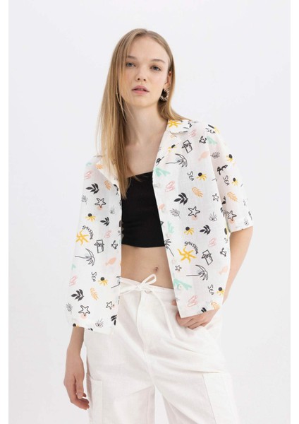 Coool Oversize Pijama Yaka Desenli Kısa Kollu %100 Pamuk Gömlek A6863AX24SM