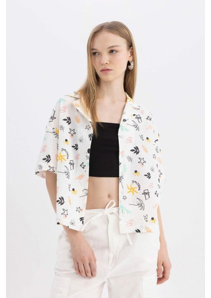 Coool Oversize Pijama Yaka Desenli Kısa Kollu %100 Pamuk Gömlek A6863AX24SM