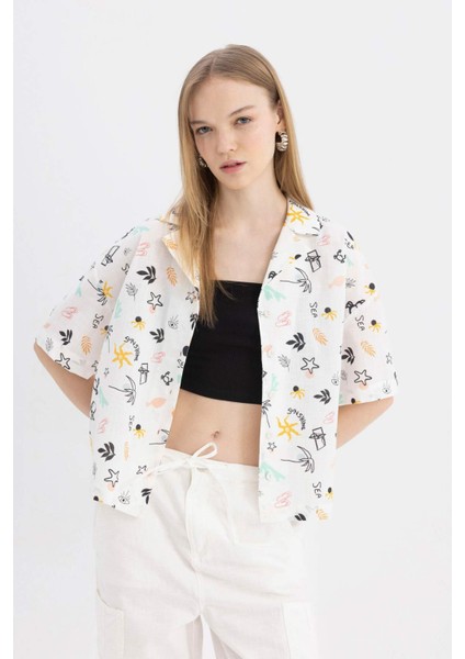 Coool Oversize Pijama Yaka Desenli Kısa Kollu %100 Pamuk Gömlek A6863AX24SM