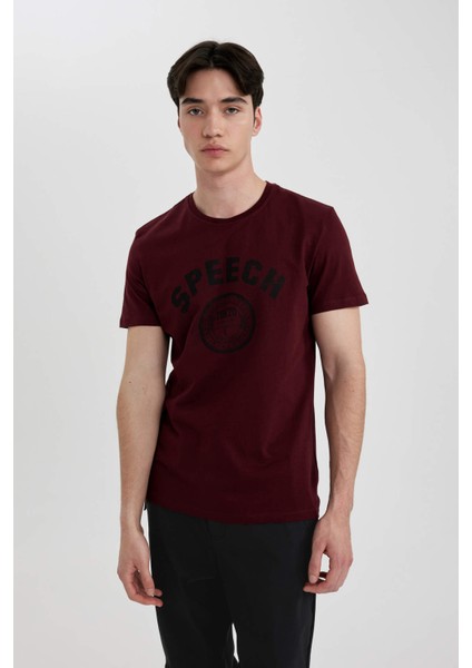 Slim Fit Dar Kesim Bisiklet Yaka Baskılı Kısa Kollu Tişört B8477AX24SM