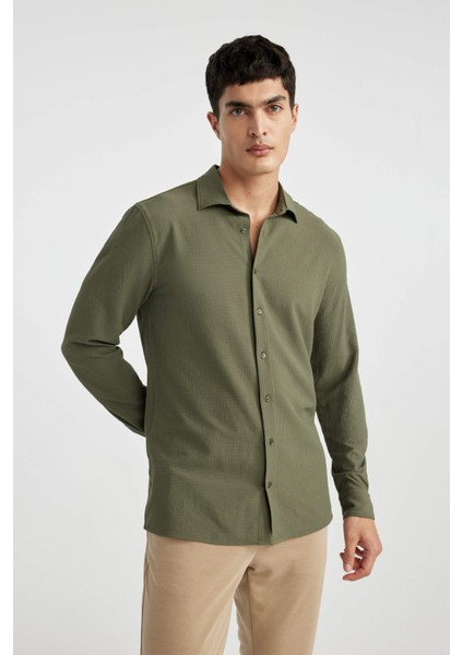 Modern Fit Polo Yaka Basic Düz Krinkıl Uzun Kollu Gömlek B7384AX24SP