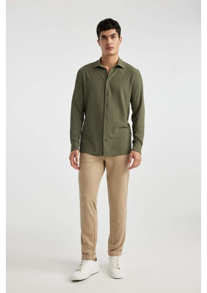 Modern Fit Polo Yaka Basic Düz Krinkıl Uzun Kollu Gömlek B7384AX24SP