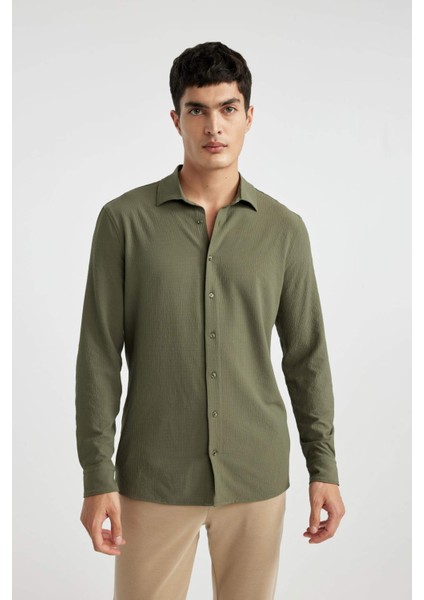 Modern Fit Polo Yaka Basic Düz Krinkıl Uzun Kollu Gömlek B7384AX24SP