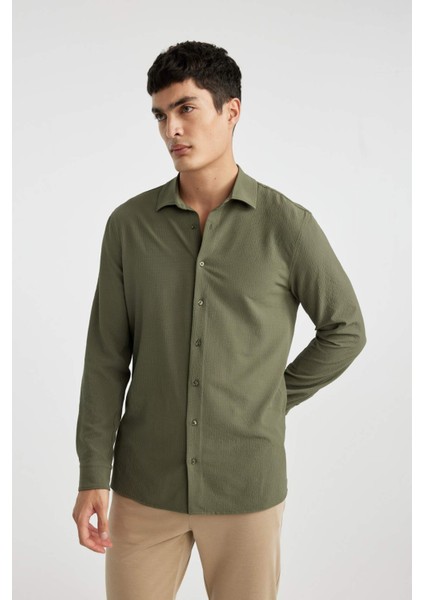 Modern Fit Polo Yaka Basic Düz Krinkıl Uzun Kollu Gömlek B7384AX24SP