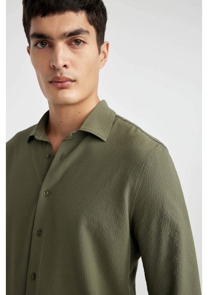 Modern Fit Polo Yaka Basic Düz Krinkıl Uzun Kollu Gömlek B7384AX24SP