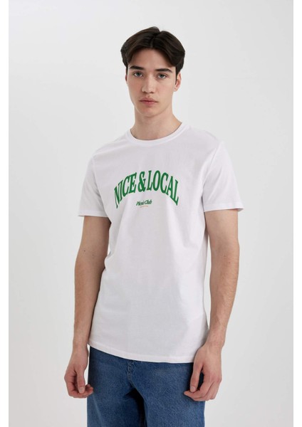 Slim Fit Dar Kesim Bisiklet Yaka Baskılı Kısa Kollu Tişört B8476AX24SM