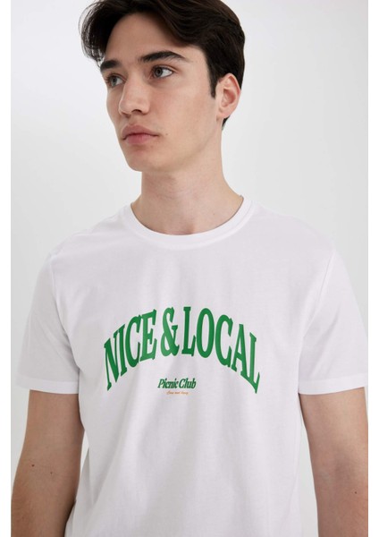 Slim Fit Dar Kesim Bisiklet Yaka Baskılı Kısa Kollu Tişört B8476AX24SM