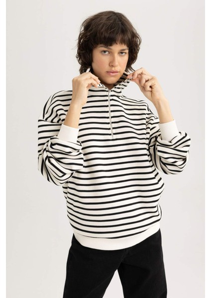 Regular Fit Dik Yaka Yarım Fermuarlı Kalın Çizgili Kalın Sweatshirt A8354AX23WN
