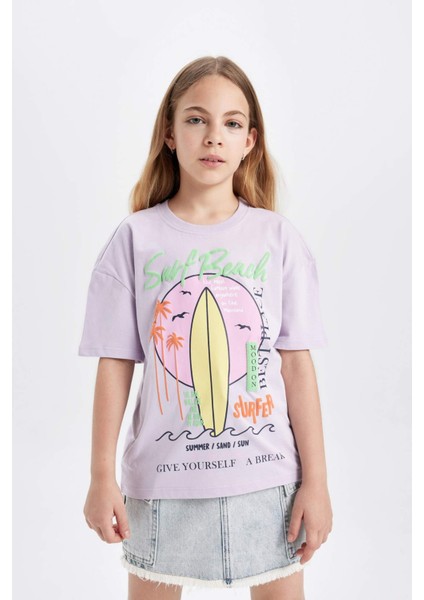 Kız Çocuk Relax Fit Bisiklet Yaka Baskılı Kısa Kollu Tişört C4451A824HS