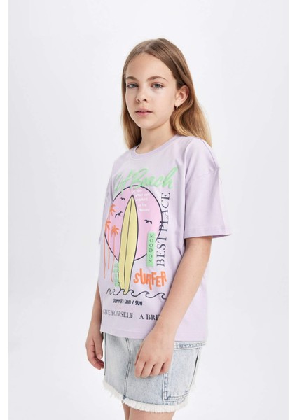 Kız Çocuk Relax Fit Bisiklet Yaka Baskılı Kısa Kollu Tişört C4451A824HS modelleri