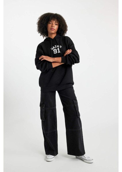 Oversize Fit Kapüşonlu Kalın Kumaş Sweatshirt B7018AX23WN