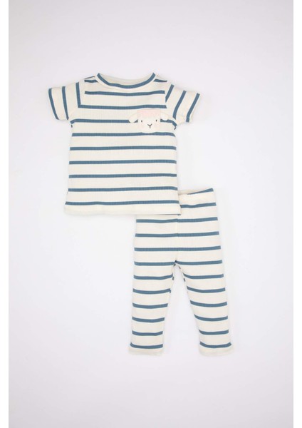Kız Bebek Çizgili Kısa Kollu Fitilli Kaşkorse Pijama Takımı C0663A524SM