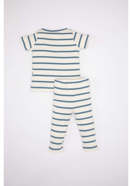 Kız Bebek Çizgili Kısa Kollu Fitilli Kaşkorse Pijama Takımı C0663A524SM fırsatları