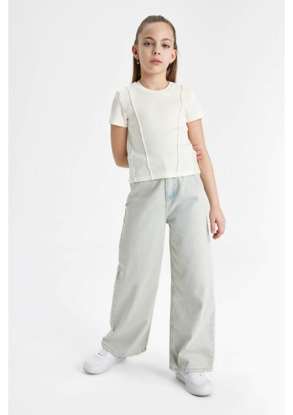 Kız Çocuk Slim Fit Dar Kesim Bisiklet Yaka Ribana Kısa Kollu Tişört C0104A824SM fiyatları