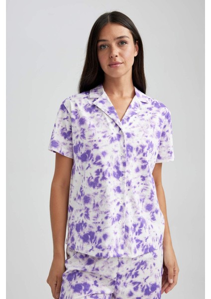 Regular Fit Batik Desenli Kısa Kollu %100 Pamuk Pijama Üstü-Fall in Love A8436AX23HS