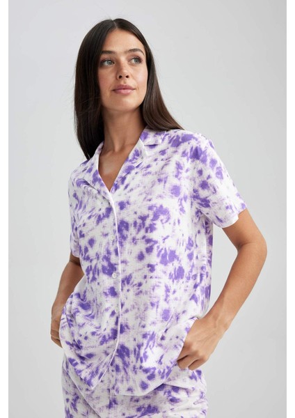 Regular Fit Batik Desenli Kısa Kollu %100 Pamuk Pijama Üstü-Fall in Love A8436AX23HS