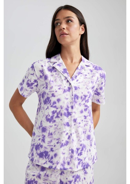 Regular Fit Batik Desenli Kısa Kollu %100 Pamuk Pijama Üstü-Fall in Love A8436AX23HS