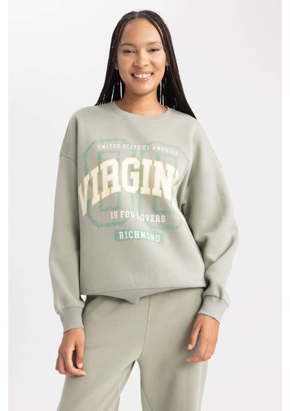 Oversize Geniş Kalıp Bisiklet Yaka Baskılı Kalın Kumaş Sweatshirt A8954AX23WN