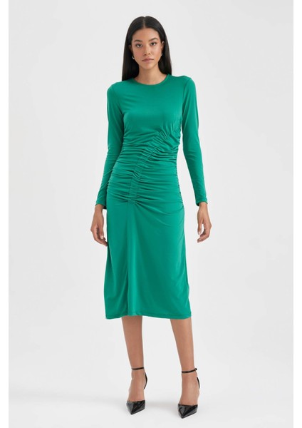 Bodycon Vücudu Saran Yuvarlak Yaka Uzun Kollu Midi Elbise fiyatları