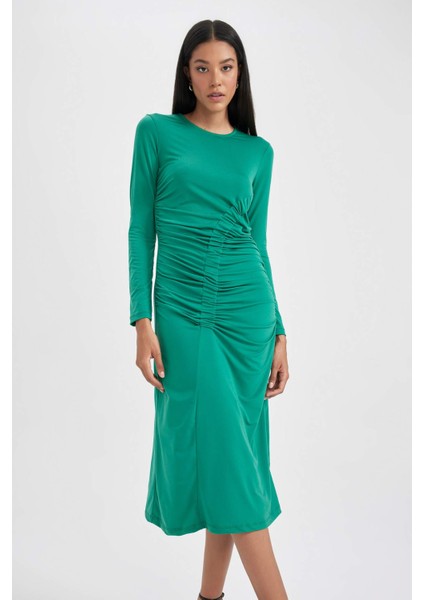 Bodycon Vücudu Saran Yuvarlak Yaka Uzun Kollu Midi Elbise modelleri