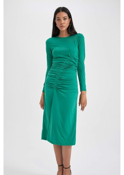 Bodycon Vücudu Saran Yuvarlak Yaka Uzun Kollu Midi Elbise fırsatları