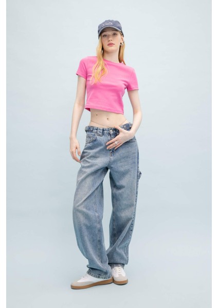 Coool Fitted Ribana Basic Düz Kısa Crop Kollu Pembe Tişört T9631AZ24SM