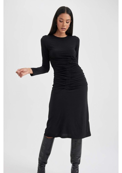 Bodycon Yuvarlak Yaka Midi Uzun Kollu Elbise B1819AX23AU