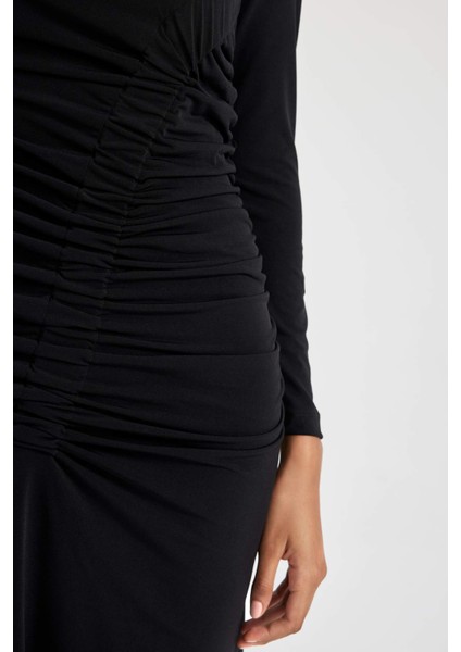 Bodycon Yuvarlak Yaka Midi Uzun Kollu Elbise B1819AX23AU