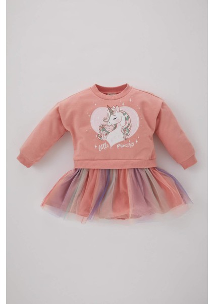 Kız Bebek Unicorn Baskılı Uzun Kollu Elbise B3530A523WN