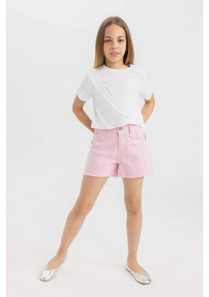 Kız Çocuk Relax Fit Bisiklet Yaka Basic Düz Kısa Kollu Tişört C9775A824HS