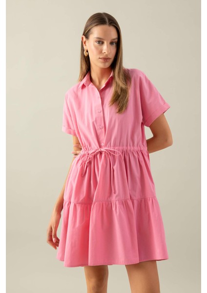 Gömlek Yaka Beli Büzgülü Poplin Kısa Kollu Mini Pembe Elbise C5698AX24SM