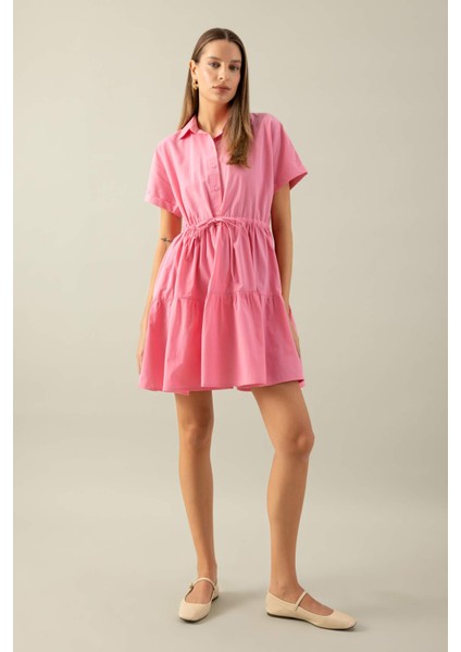 Gömlek Yaka Beli Büzgülü Poplin Kısa Kollu Mini Pembe Elbise C5698AX24SM