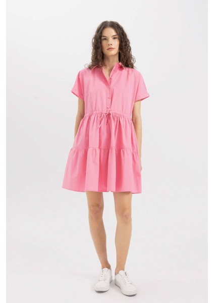 Gömlek Yaka Beli Büzgülü Poplin Kısa Kollu Mini Pembe Elbise C5698AX24SM