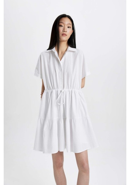 Gömlek Yaka Beli Büzgülü Poplin Kısa Kollu Mini Beyaz Elbise C5698AX24SM modelleri