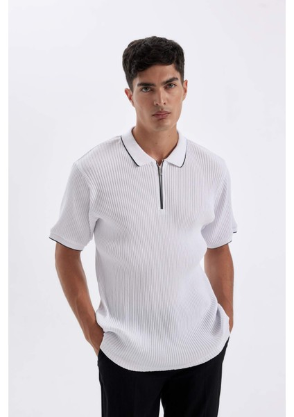 Slim Fit Dar Kesim Kısa Kollu Fitilli Kaşkorse Yarım Fermuarlı Polo Tişört D3948AX24SM modelleri