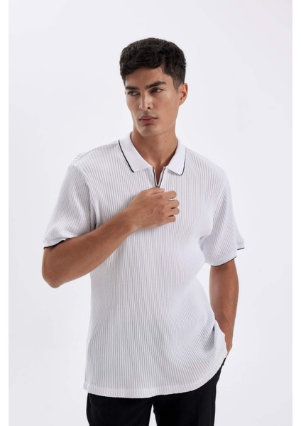 Slim Fit Dar Kesim Kısa Kollu Fitilli Kaşkorse Yarım Fermuarlı Polo Tişört D3948AX24SM fırsatları