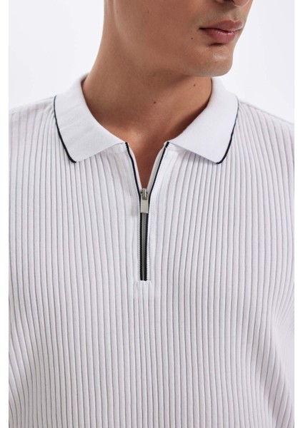 Slim Fit Dar Kesim Kısa Kollu Fitilli Kaşkorse Yarım Fermuarlı Polo Tişört D3948AX24SM indirimleri