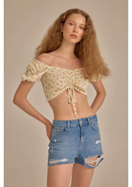 Fitted Crop Desenli Maroken Kısa Kollu Bluz D3520AX24HS