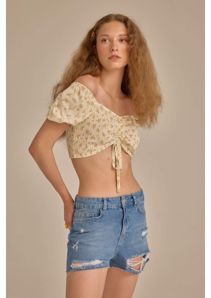 Fitted Crop Desenli Maroken Kısa Kollu Bluz D3520AX24HS