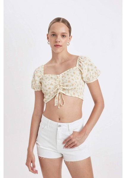 Fitted Crop Desenli Maroken Kısa Kollu Bluz D3520AX24HS
