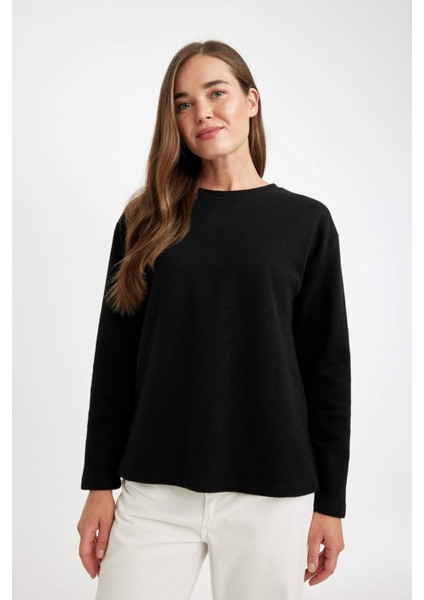 Regular Fit Bisiklet Yaka Selanik Kumaş Basic Düz Uzun Kollu Tişört D0359AX24AU