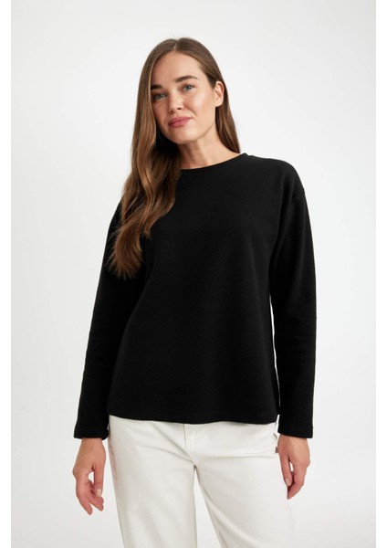 Regular Fit Bisiklet Yaka Selanik Kumaş Basic Düz Uzun Kollu Tişört D0359AX24AU