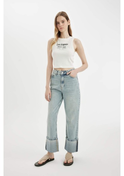 Straight Fit Yüksek Bel Katlamalı Paça Bilek Boy Jean Yıkamalı Pantolon D0327AX24HS indirimleri