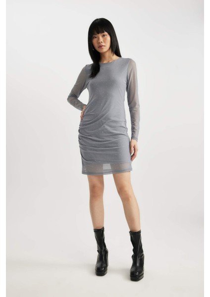 Bodycon Vücudu Saran Basic Düz Bisiklet Yaka Tül Uzun Kollu Mini Elbise B9699AX23WN