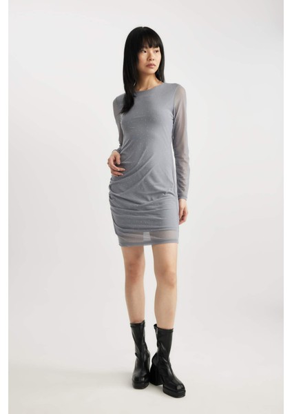 Bodycon Vücudu Saran Basic Düz Bisiklet Yaka Tül Uzun Kollu Mini Elbise B9699AX23WN