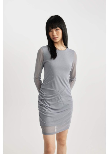 Bodycon Vücudu Saran Basic Düz Bisiklet Yaka Tül Uzun Kollu Mini Elbise B9699AX23WN