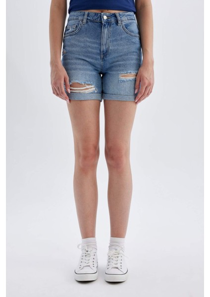 Boyfriend Yüksek Bel Katlamalı Paça Jean Şort C2469AX24SM
