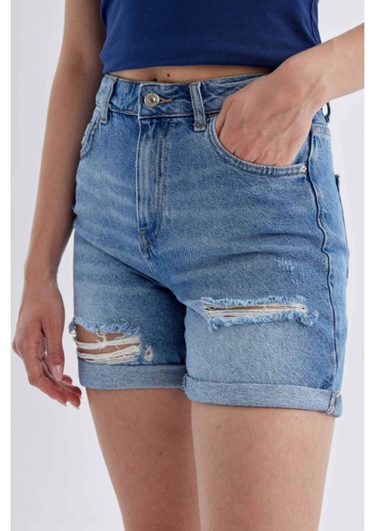 Boyfriend Yüksek Bel Katlamalı Paça Jean Şort C2469AX24SM