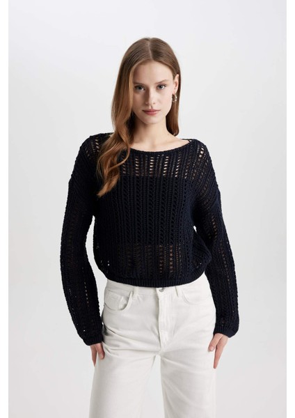 Crop Kayık Yaka Kroşe Triko Kazak C2177AX24SP