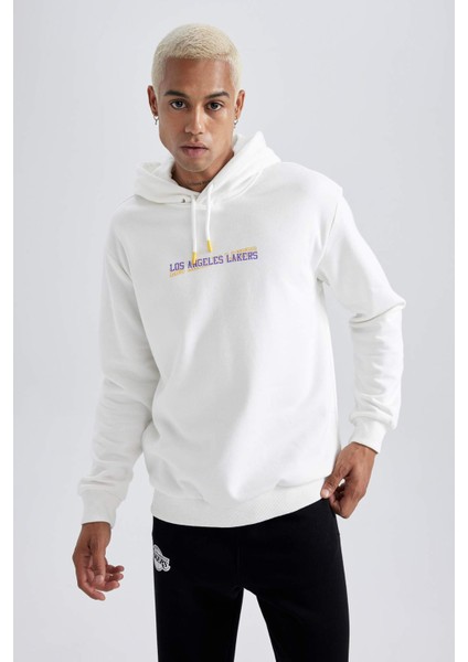 DeFactoFit NBA Los Angeles Lakers Standart Fit Kapüşonlu Kalın Sweatshirt A9840AX23WN